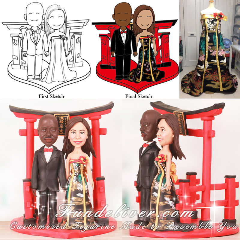 Bride and Groom Standing under Japanese Tori Gate Cake Toppers